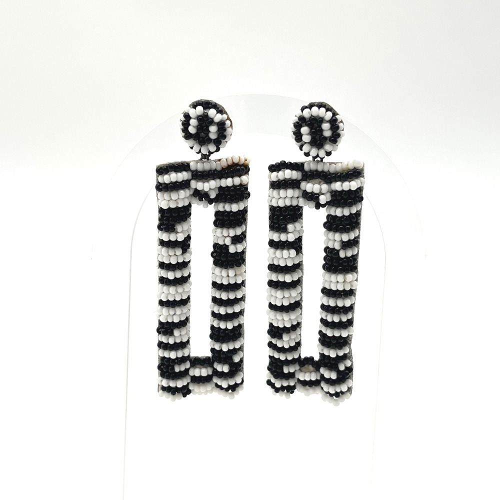 Deepa Gurnani Beaded Striped Drop Earrings Black White Rectangular Dangle